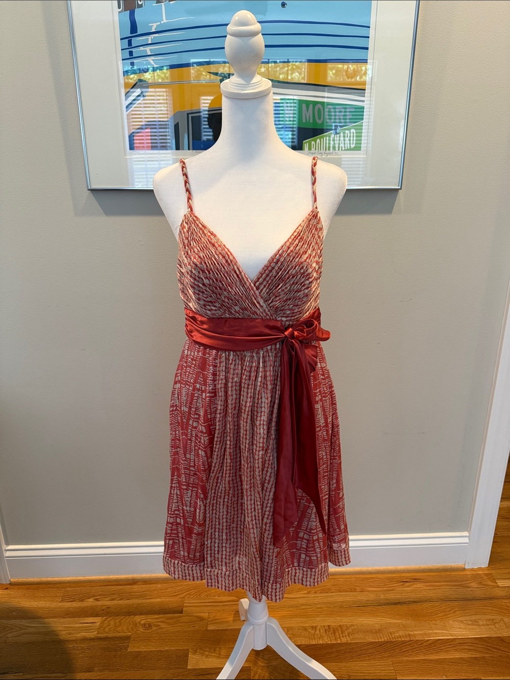 BCBGMaxAzria Red Patterned Spaghetti-Strap Wrap Dress with Satin Sash